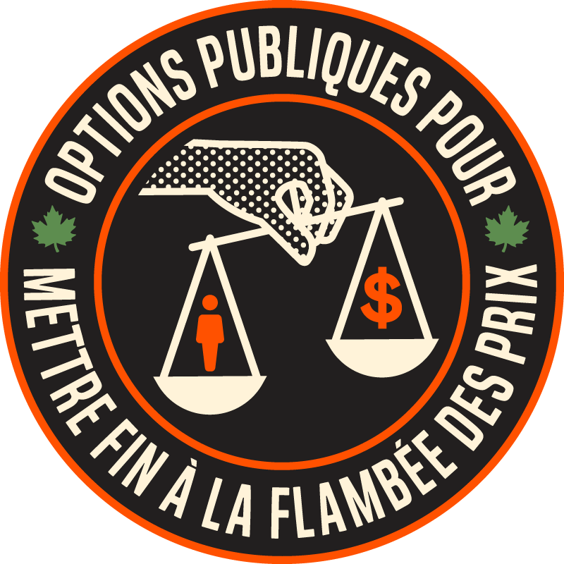 Badge de campagne circulaire indiquant « Options publiques pour mettre fin à la flambée des prix » avec une balance montrant une personne qui l'emporte sur un signe de dollar
